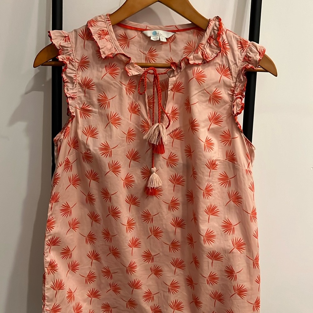 Boden Pink Palm Print Cotton Blouse Size 4 Tassel Tie Resort Summer Boho Top